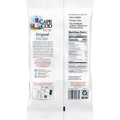 Back of Cape Cod Kettle Chips Sea Salt bag highlighting non-GMO, gluten-free features and nutritional information for healthy snacking.