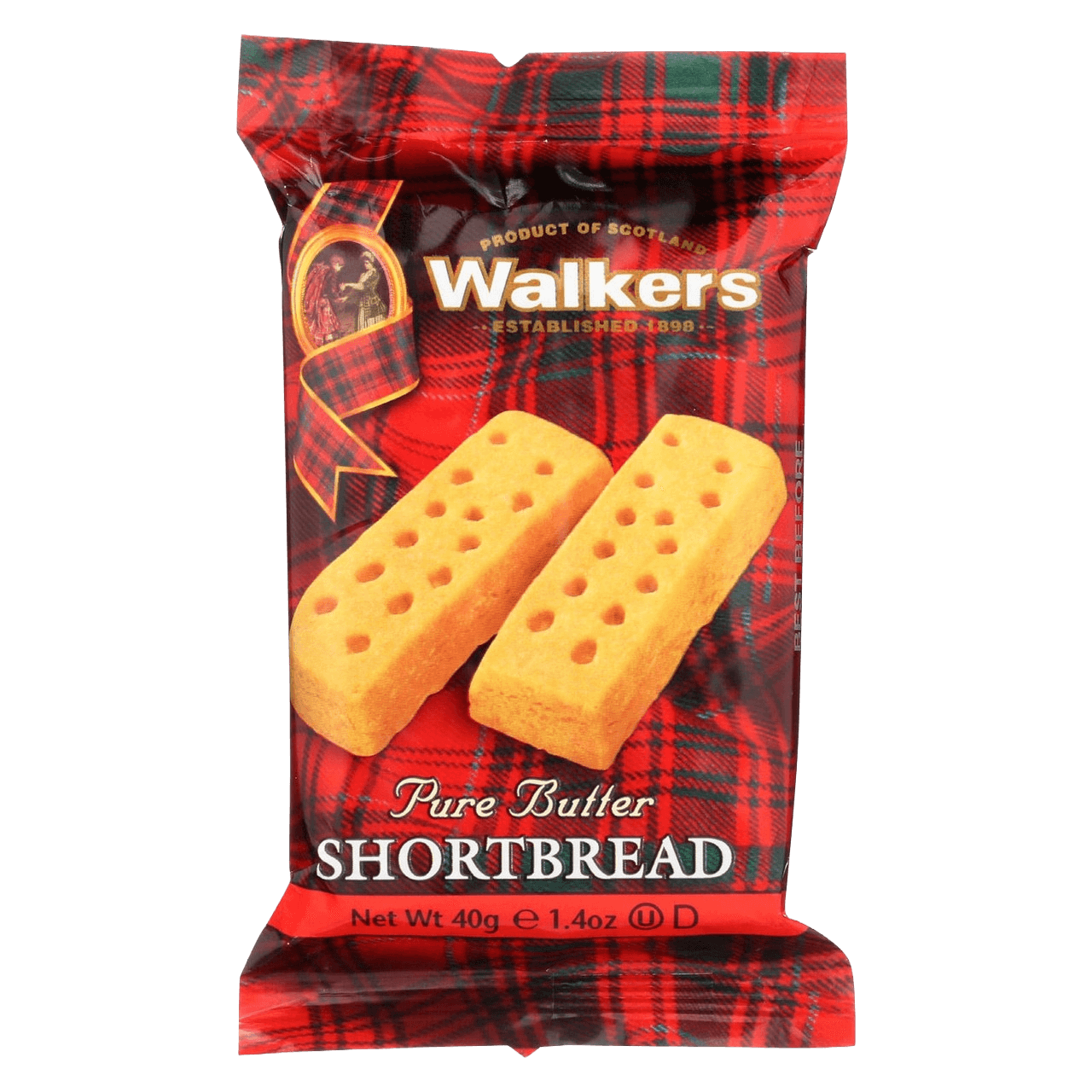 Walker's Butter Snack Packs - Shortbread Delight in red tartan packaging with two golden shortbread fingers, ideal for portable snacking.