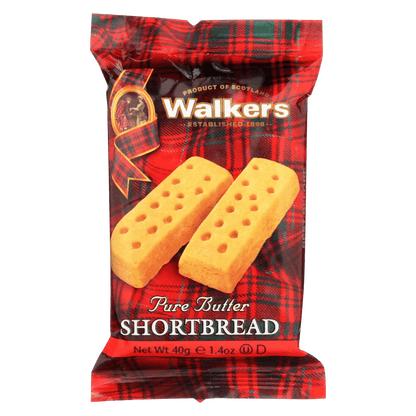 Walker's Butter Snack Packs - Shortbread Delight in red tartan packaging with two golden shortbread fingers, ideal for portable snacking.