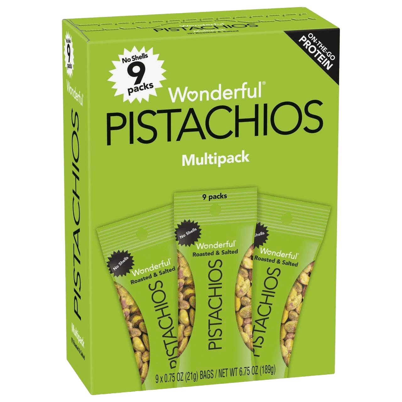 Wonderful Roasted & Salted Pistachios Multipack box with 9 no-shell snack packs, each 0.75 oz, ideal for on-the-go healthy snacking.