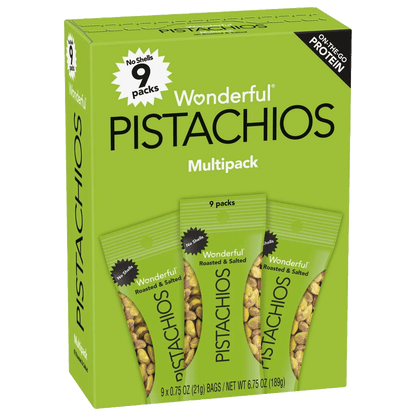 Wonderful Roasted & Salted Pistachios Multipack box with 9 no-shell snack packs, each 0.75 oz, ideal for on-the-go healthy snacking.