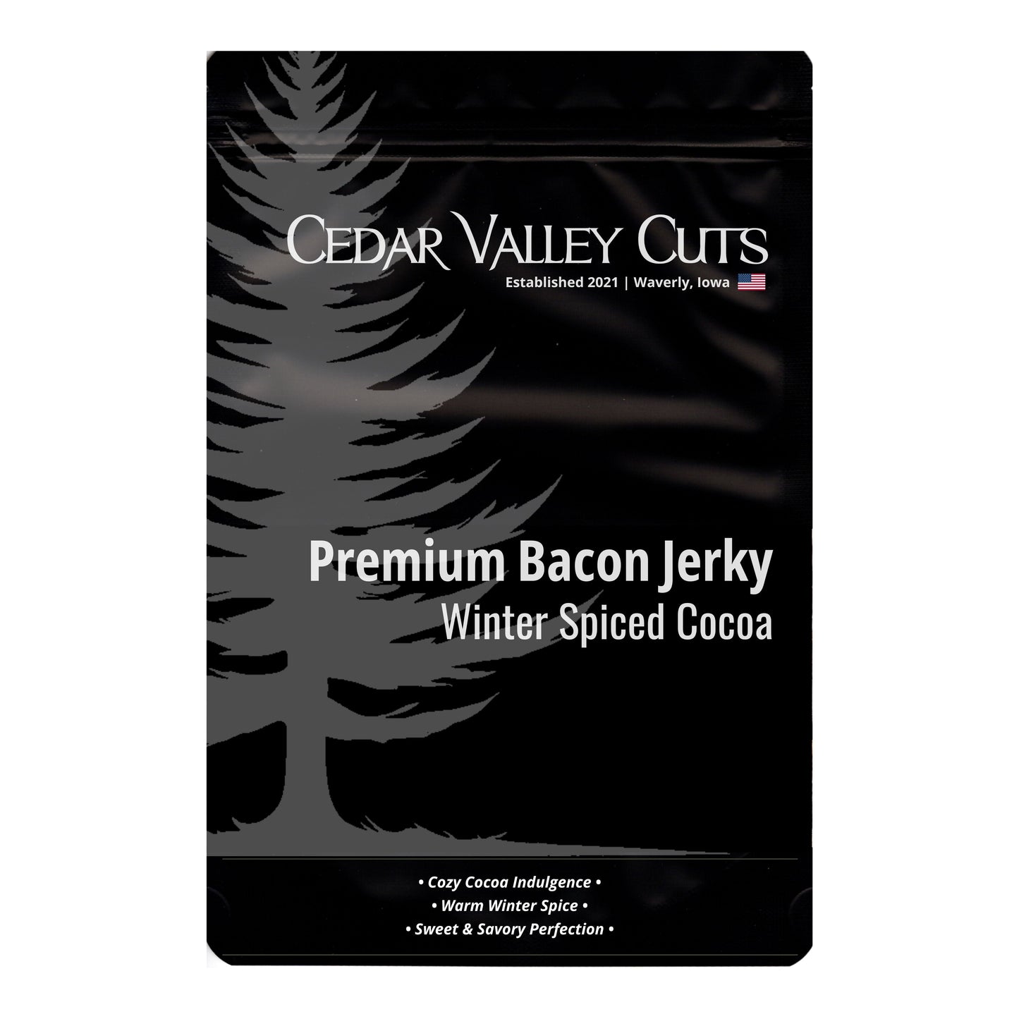 Cedar Valley Cuts Winter Spiced Cocoa Premium Bacon Jerky - (Various Size Packages) - Bacon Jerky