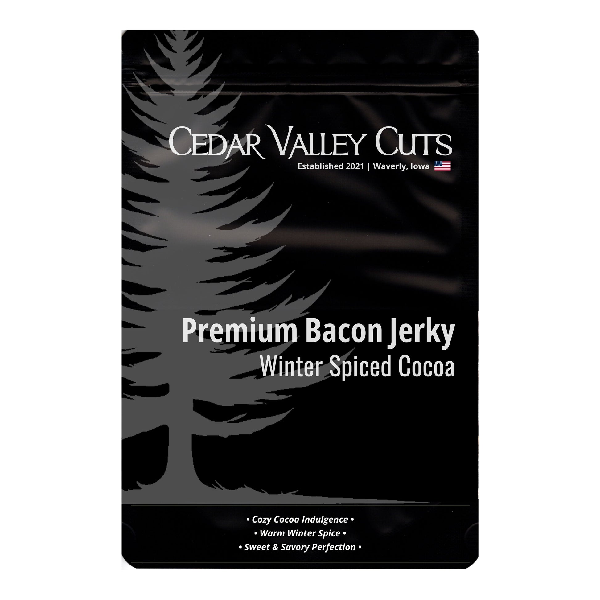 Cedar Valley Cuts Winter Spiced Cocoa Premium Bacon Jerky - (Various Size Packages) - Bacon Jerky