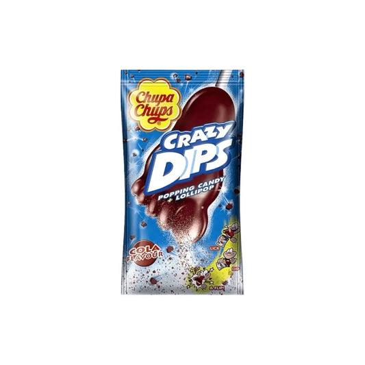 Chupa Chups Crazy Dips Lollipops With Cola Taste 14g in blue packaging featuring a cola-flavored lollipop and popping candy visuals. Ideal candy snack for cola lovers.