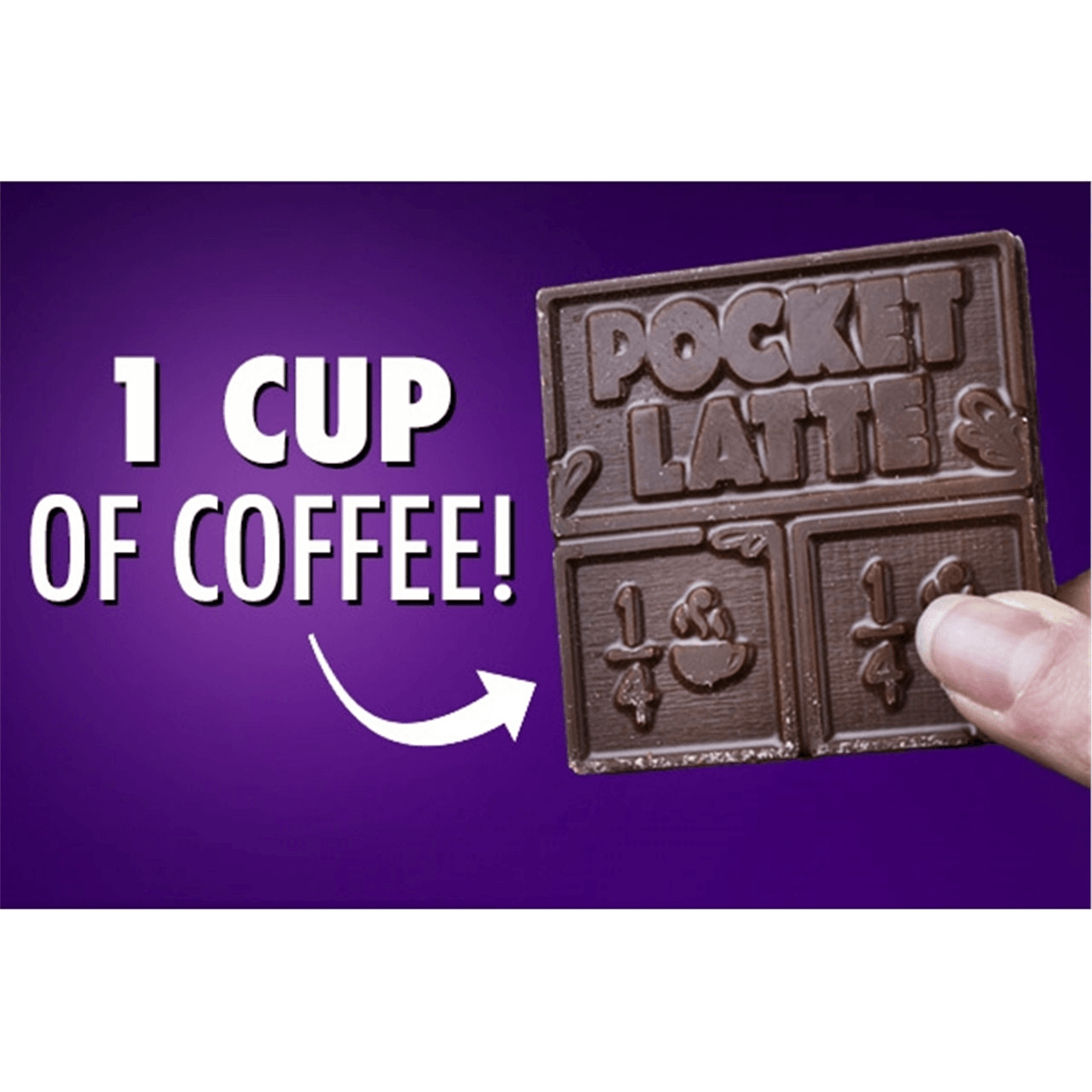 Pocket Latte Cream & Sugar Coffee Bar segmented into squares, each equal to 1/4 cup of coffee, offering real caffeine in chocolate form.