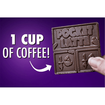 Pocket Latte Cream & Sugar Coffee Bar segmented into squares, each equal to 1/4 cup of coffee, offering real caffeine in chocolate form.