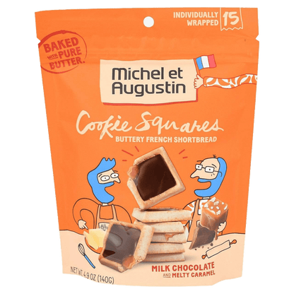 Front of Michel et Augustin French Shortbread Cookie Squares 4.9 oz pouch showing buttery shortbread filled with milk chocolate and caramel.