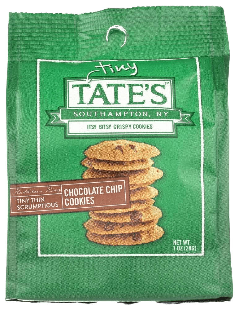 TATE TINY CHOC CHIP CKY (12 X 1 OZ) COOKIES pack front showing green bag with stacked chocolate chip cookies and branding from Southampton, NY.