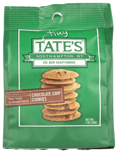 TATE TINY CHOC CHIP CKY (12 X 1 OZ) COOKIES pack front showing green bag with stacked chocolate chip cookies and branding from Southampton, NY.