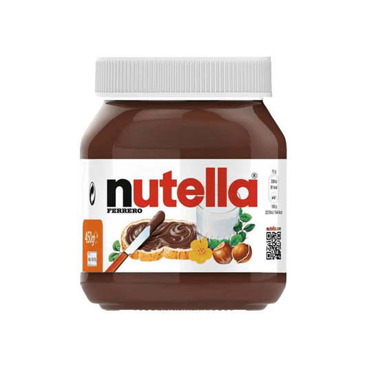 Ferrero Nutella 400g Italian hazelnut spread jar with toast, milk, and hazelnuts on label. Ideal for breakfast or dessert recipes.
