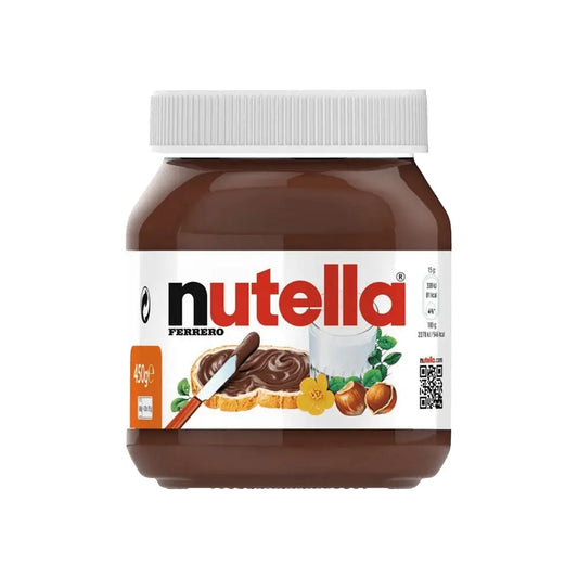 Ferrero Nutella 400g Italian hazelnut spread jar with toast, milk, and hazelnuts on label. Ideal for breakfast or dessert recipes.