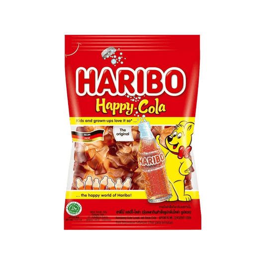Haribo Happy Cola Gummies 175g candy pack featuring cola bottle-shaped gummies with classic red and yellow branding, ideal for snacking and parties.
