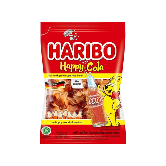 Haribo Happy Cola Gummies 175g candy pack featuring cola bottle-shaped gummies with classic red and yellow branding, ideal for snacking and parties.