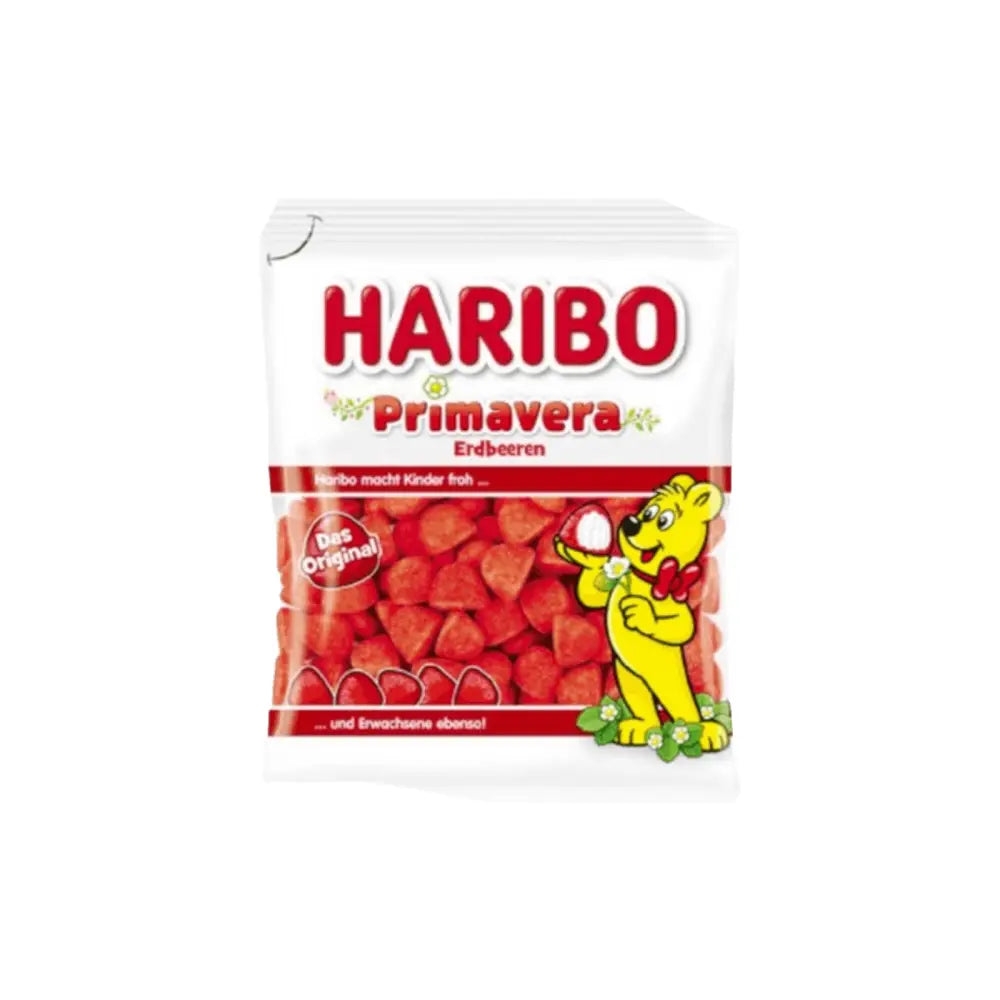 Haribo Primavera Gummy Candy - Strawberry 100g pack with soft, sugar-coated strawberry-shaped gummies, ideal for sweet snack lovers.