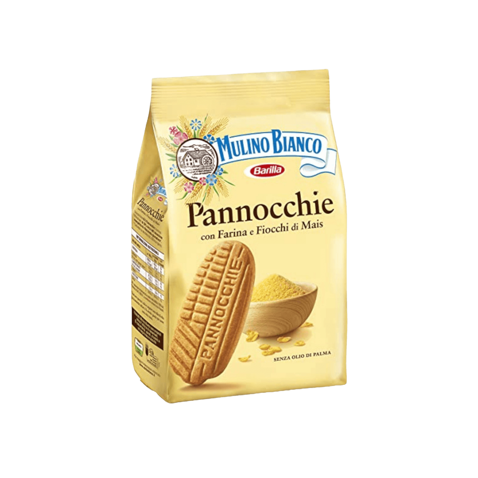 Mulino Bianco Pannocchie Cookies 350G with cornmeal flakes in beige packaging. Lightly crunchy corn biscuits ideal for breakfast or snacking.