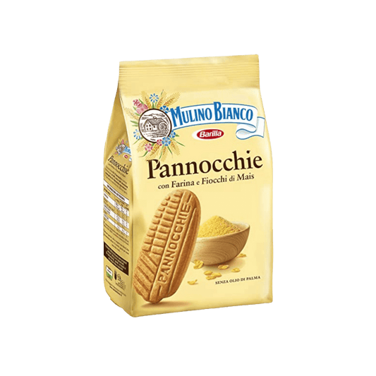 Mulino Bianco Pannocchie Cookies 350G with cornmeal flakes in beige packaging. Lightly crunchy corn biscuits ideal for breakfast or snacking.