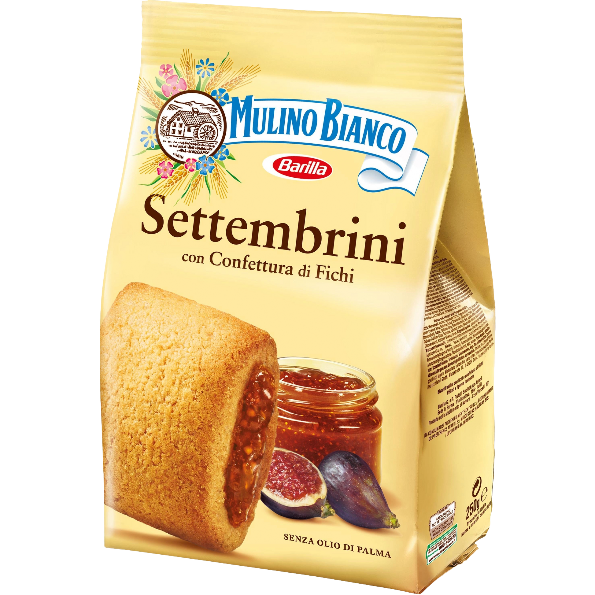 Mulino Bianco Settembrini 300g fig-filled biscuits in yellow packaging featuring a close-up of the cookie and ripe figs. Ideal for sweet snack lovers.