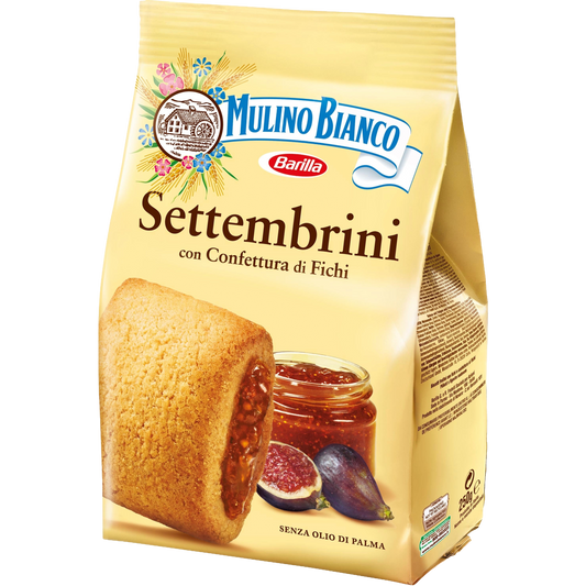 Mulino Bianco Settembrini 300g fig-filled biscuits in yellow packaging featuring a close-up of the cookie and ripe figs. Ideal for sweet snack lovers.