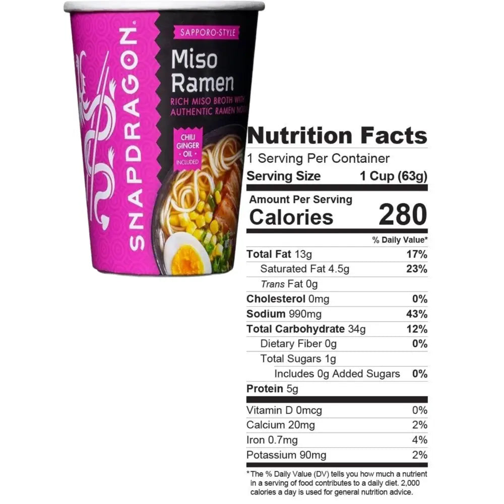 Nutritional facts label for miso ramen with calories and nutrients